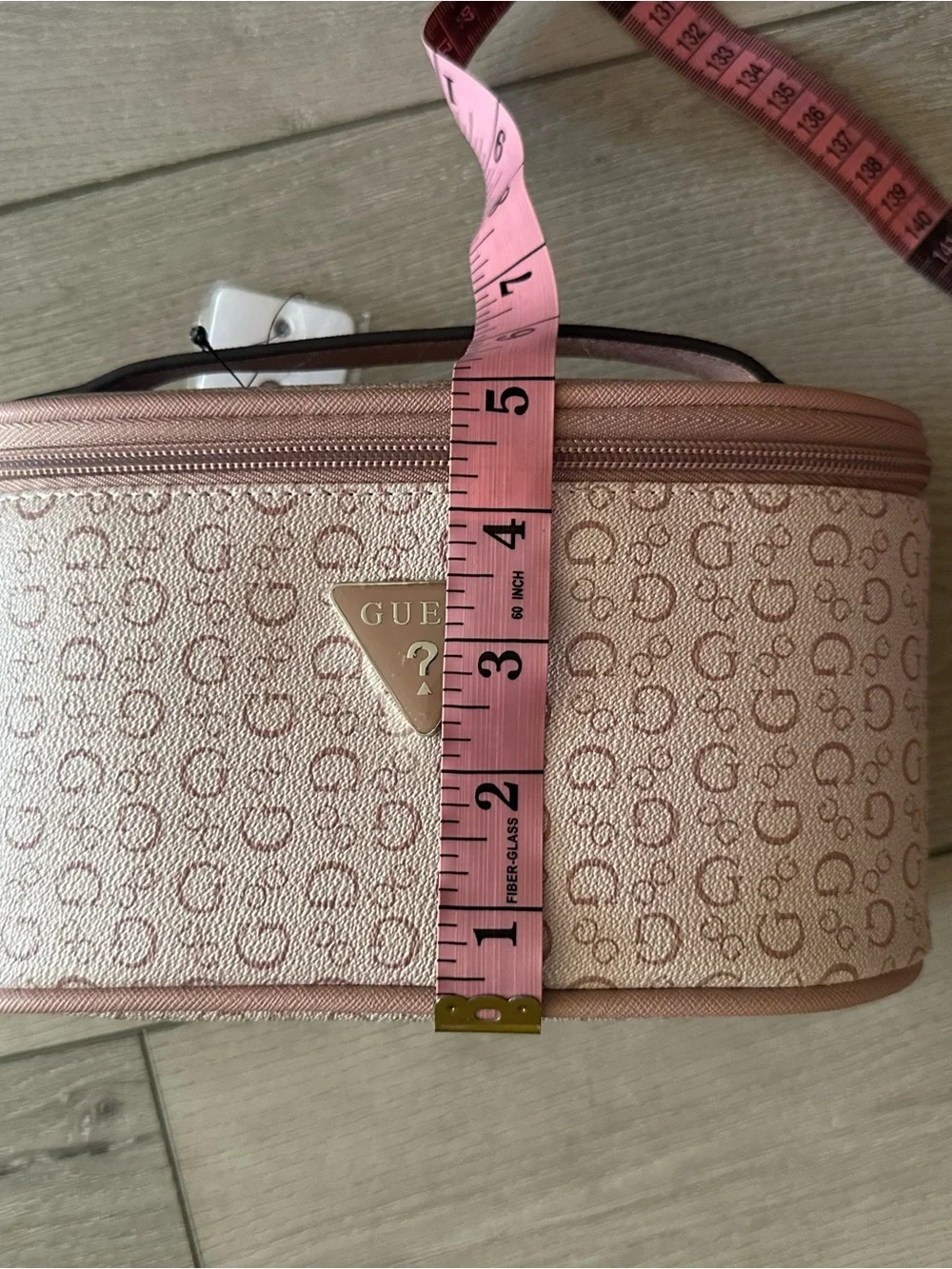 GUESS Blush Pink Logo Cosmetic Case with Gold Triangle Plaque